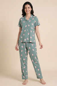 Zivame Farm Lore Knit Cotton Pyjama Set - Iceberg Green — thumbnail 2